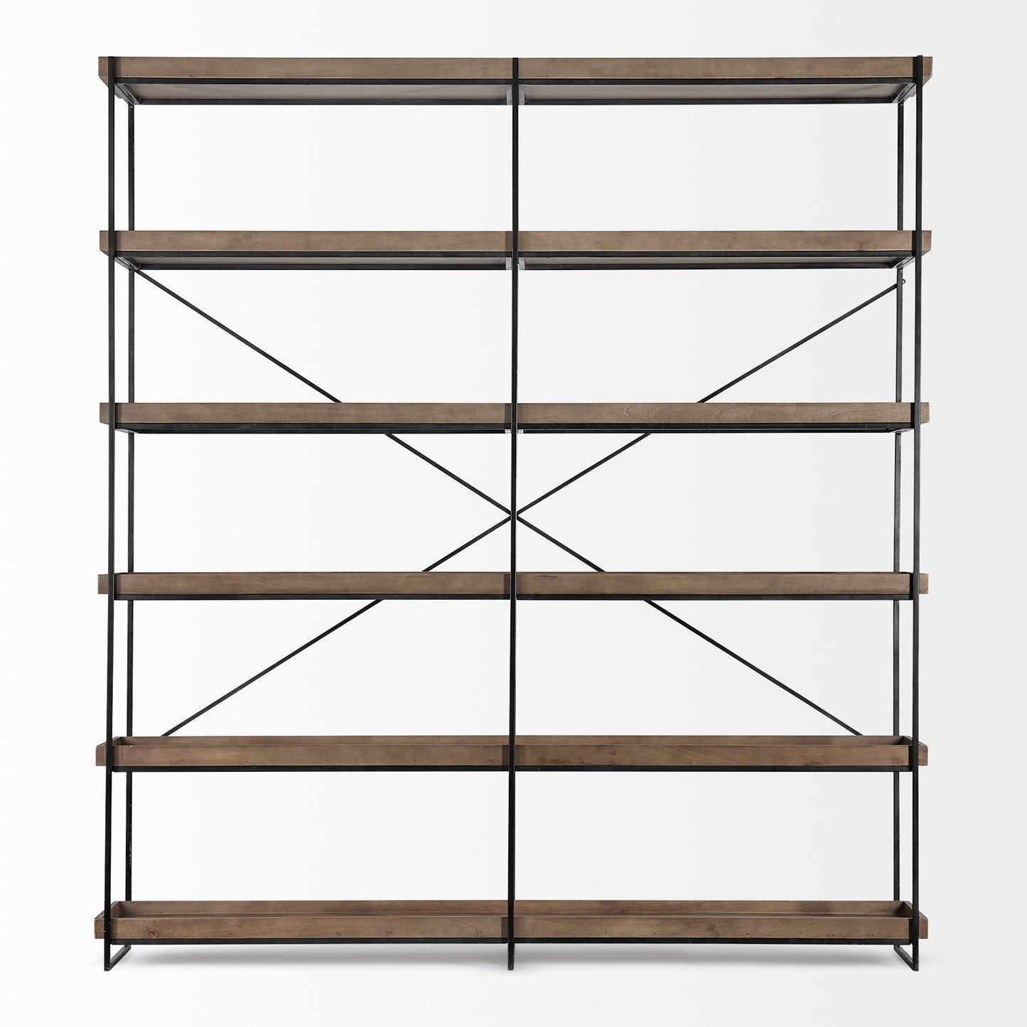 Wooden shelf with metal crossbars on a white background