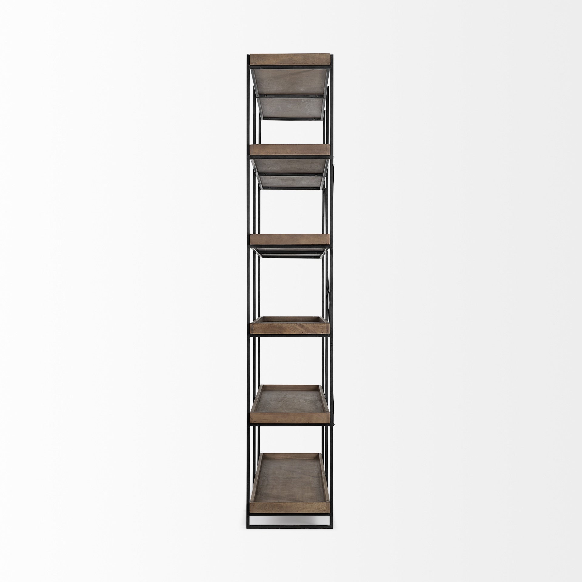 Tall metal and wood bookshelf on a white background