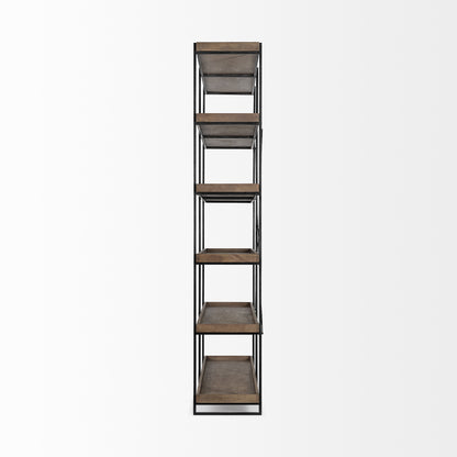 Tall metal and wood bookshelf on a white background