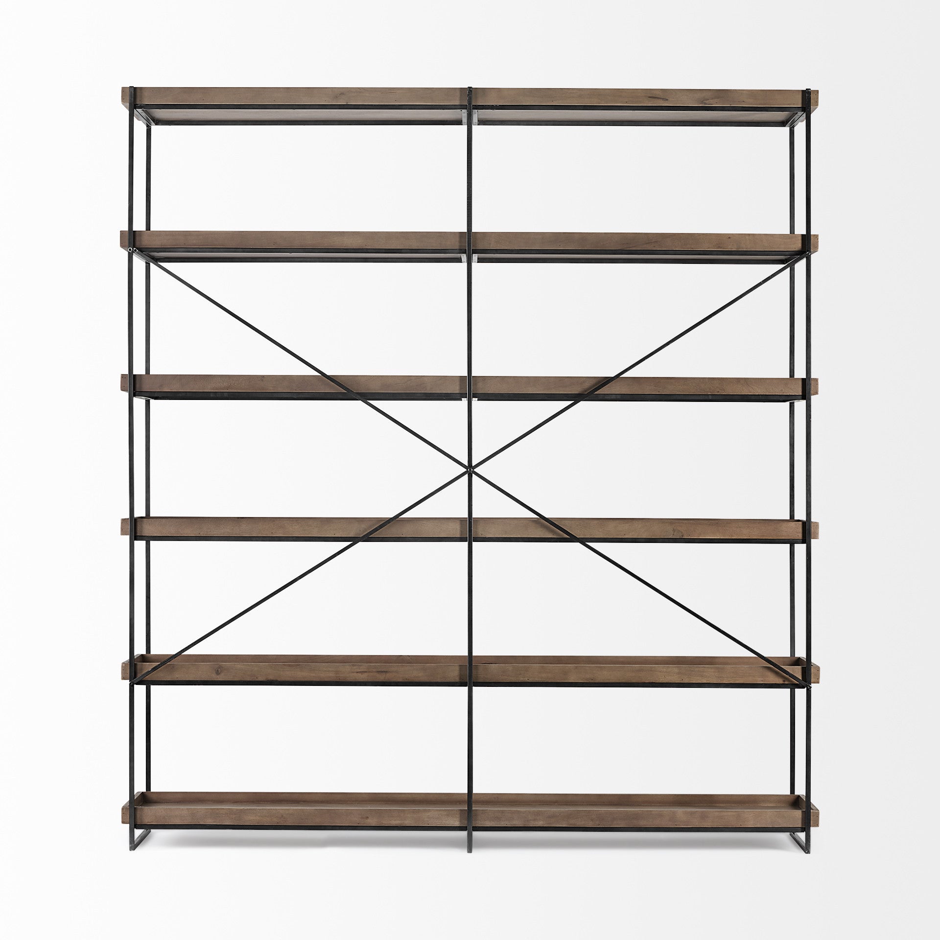 Bookshelf with wooden shelves and metal braces on a white background