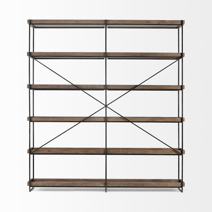 Bookshelf with wooden shelves and metal braces on a white background