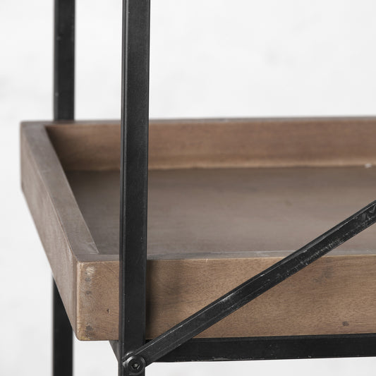 Wooden shelf with black metal frame on a white background