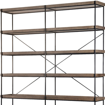 Bookshelf with wooden shelves and metal frame on a white background
