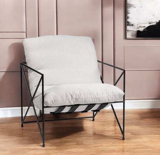 30" CREAM AND BLACK FABRIC AND METAL ARM CHAIR