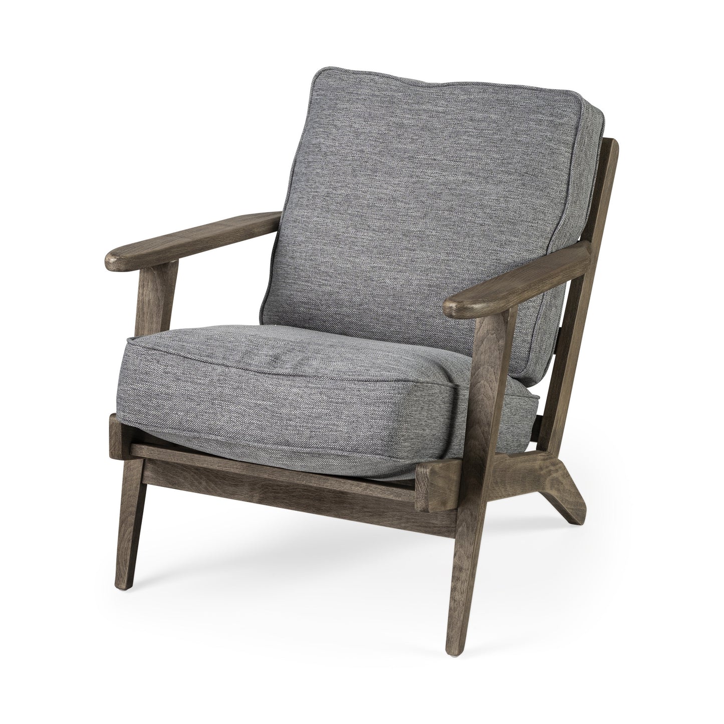 Gray cushioned armchair with wooden frame on a white background