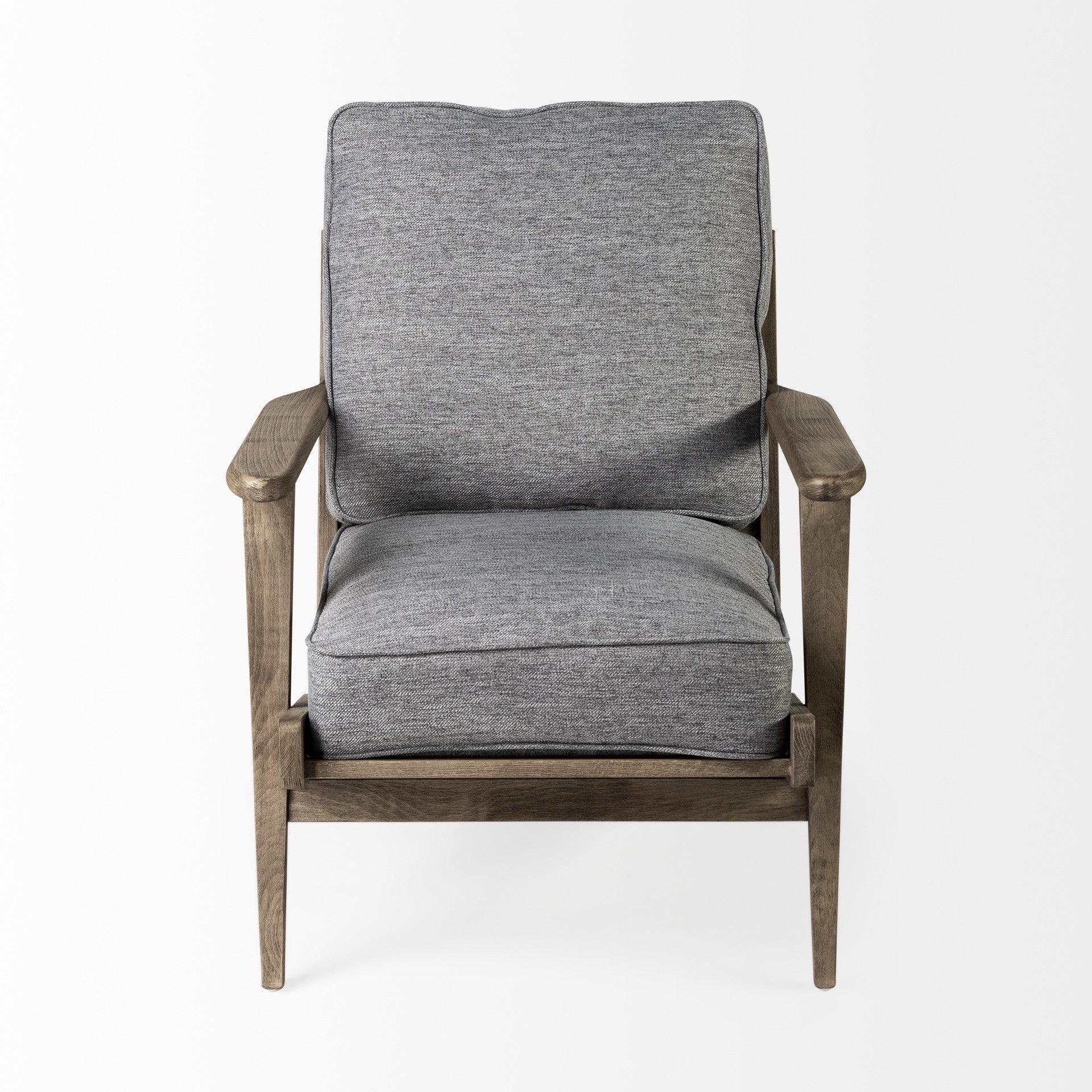 Gray cushioned armchair with wooden frame on a white background