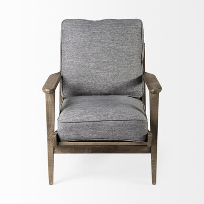 Gray cushioned armchair with wooden frame on a white background