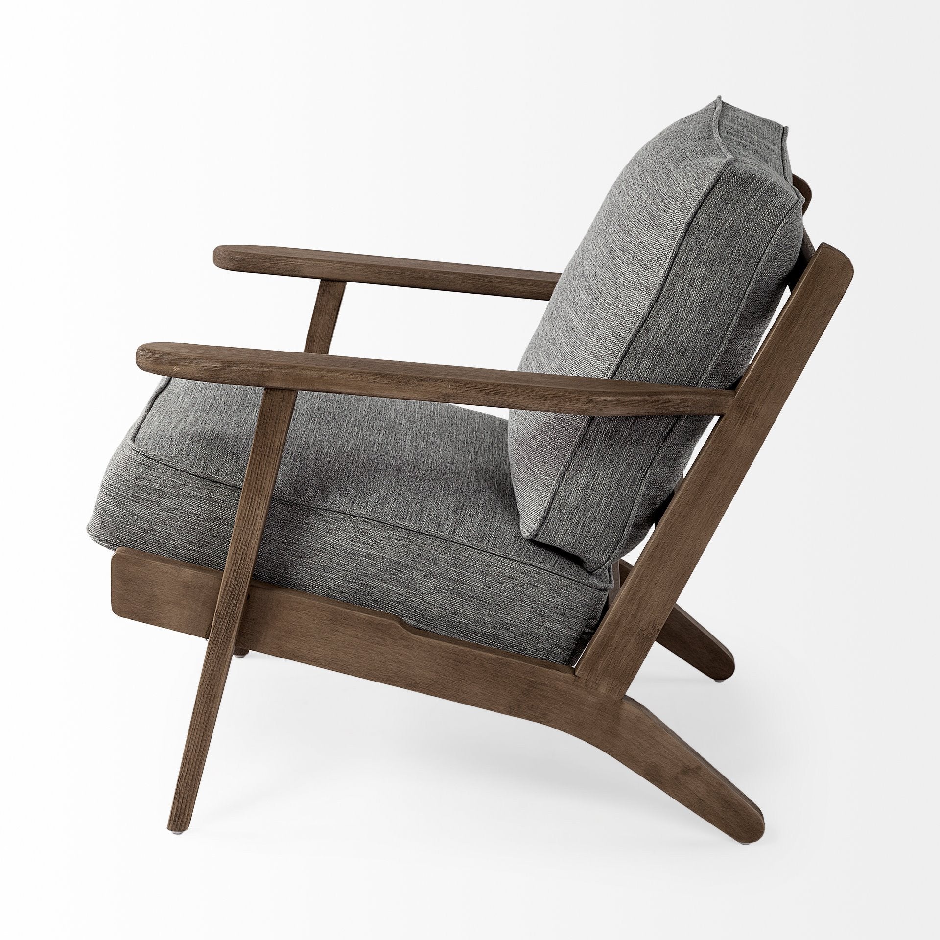 Wooden armchair with gray cushions on a white background