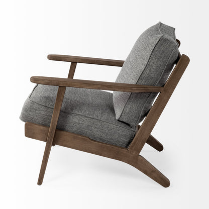 Wooden armchair with gray cushions on a white background