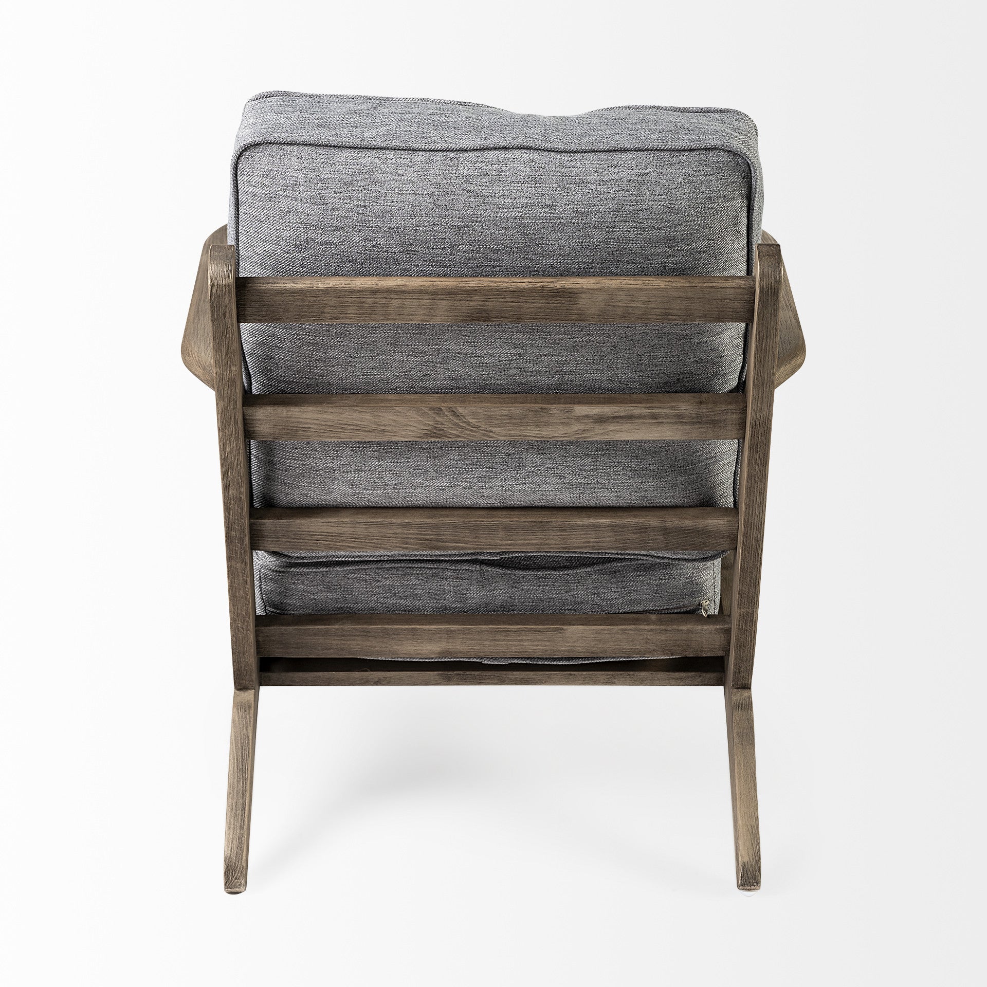 Chair with gray cushioned backrest and wooden frame on a white background