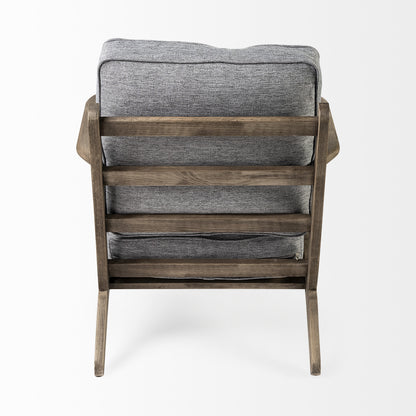 Chair with gray cushioned backrest and wooden frame on a white background
