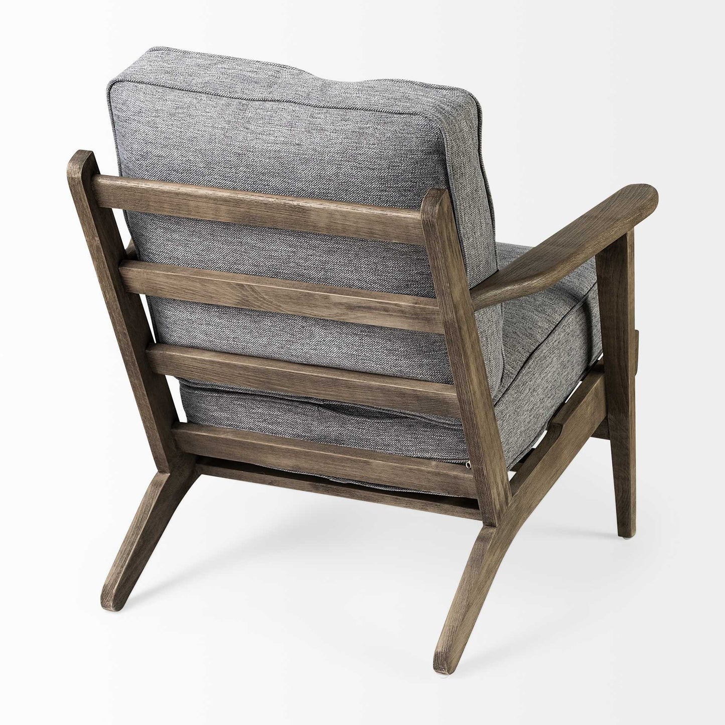 Gray cushioned armchair with wooden frame on a white background