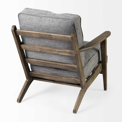 Gray cushioned armchair with wooden frame on a white background