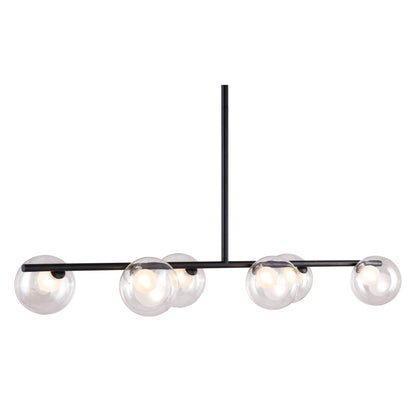 Modern pendant light with four glass bulbs on a white background