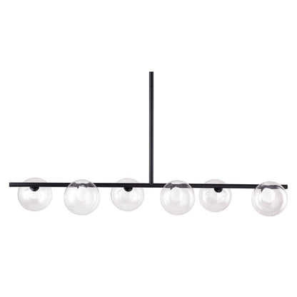 Modern pendant light with five glass bulbs on a white background