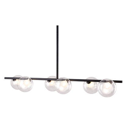 Modern pendant light with four glass bulbs on a white background