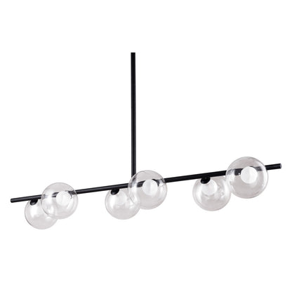 Modern chandelier with five spherical glass shades on a white background