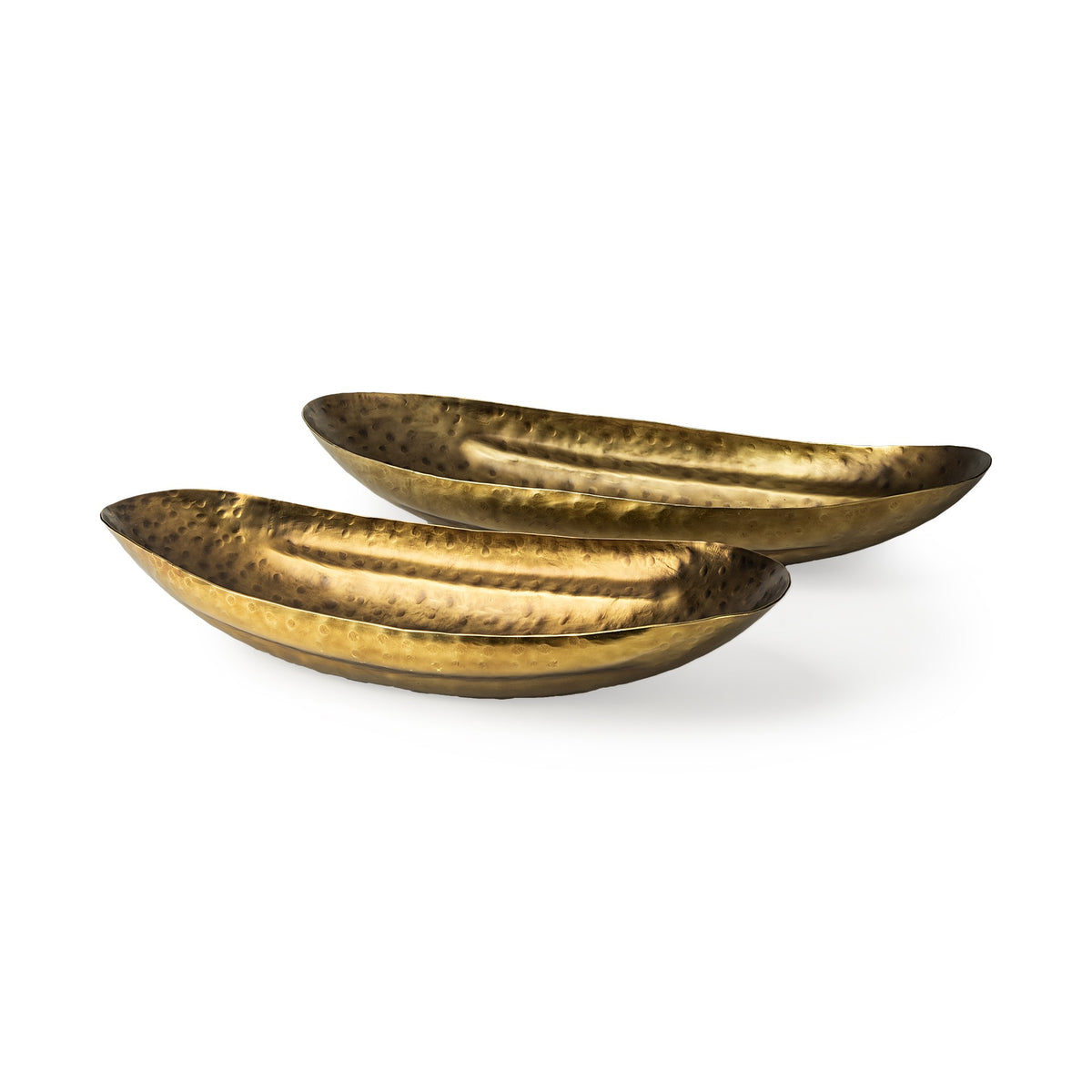 LAUREL SET OF TWO GOLD HAMMERED METAL BOAT SHAPED DECORATIVE BOWLS
