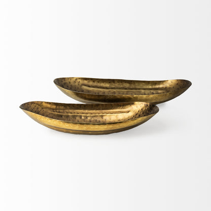 LAUREL SET OF TWO GOLD HAMMERED METAL BOAT SHAPED DECORATIVE BOWLS