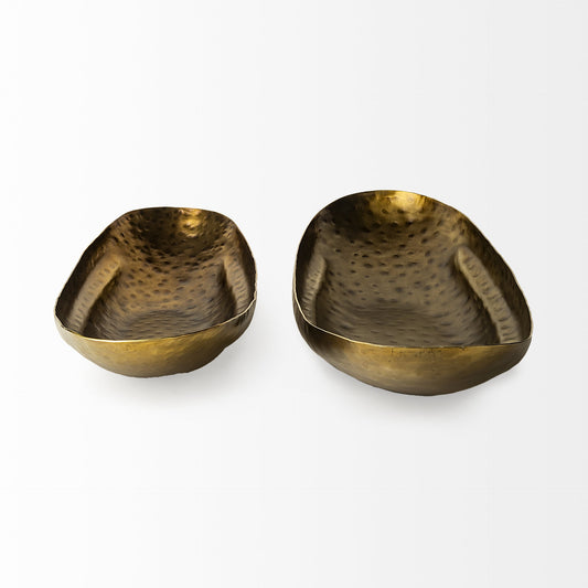 LAUREL SET OF TWO GOLD HAMMERED METAL BOAT SHAPED DECORATIVE BOWLS