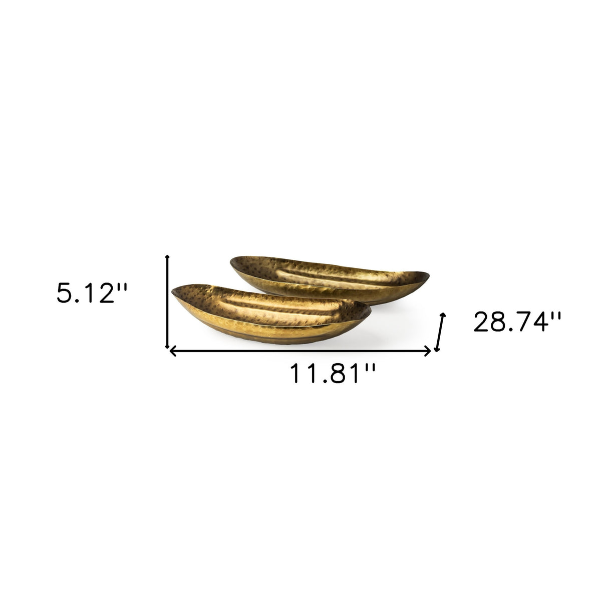 LAUREL SET OF TWO GOLD HAMMERED METAL BOAT SHAPED DECORATIVE BOWLS