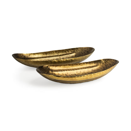 LAUREL SET OF TWO GOLD HAMMERED METAL BOAT SHAPED DECORATIVE BOWLS