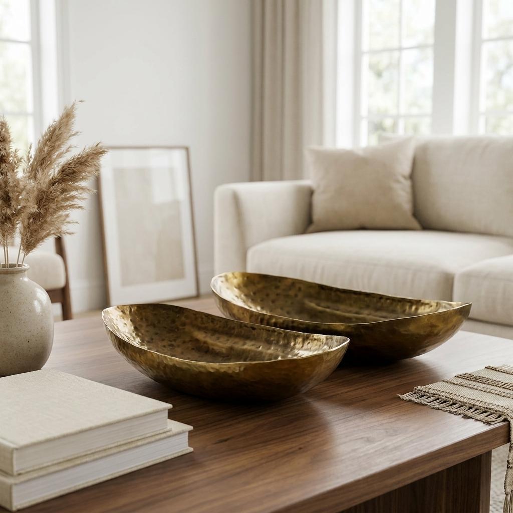 LAUREL SET OF TWO GOLD HAMMERED METAL BOAT SHAPED DECORATIVE BOWLS
