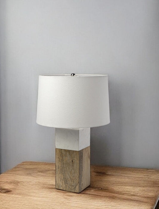 WHITE MARBLE AND NATURAL WOOD BLOCK TABLE OR DESK LAMP - Varnish & Vibe