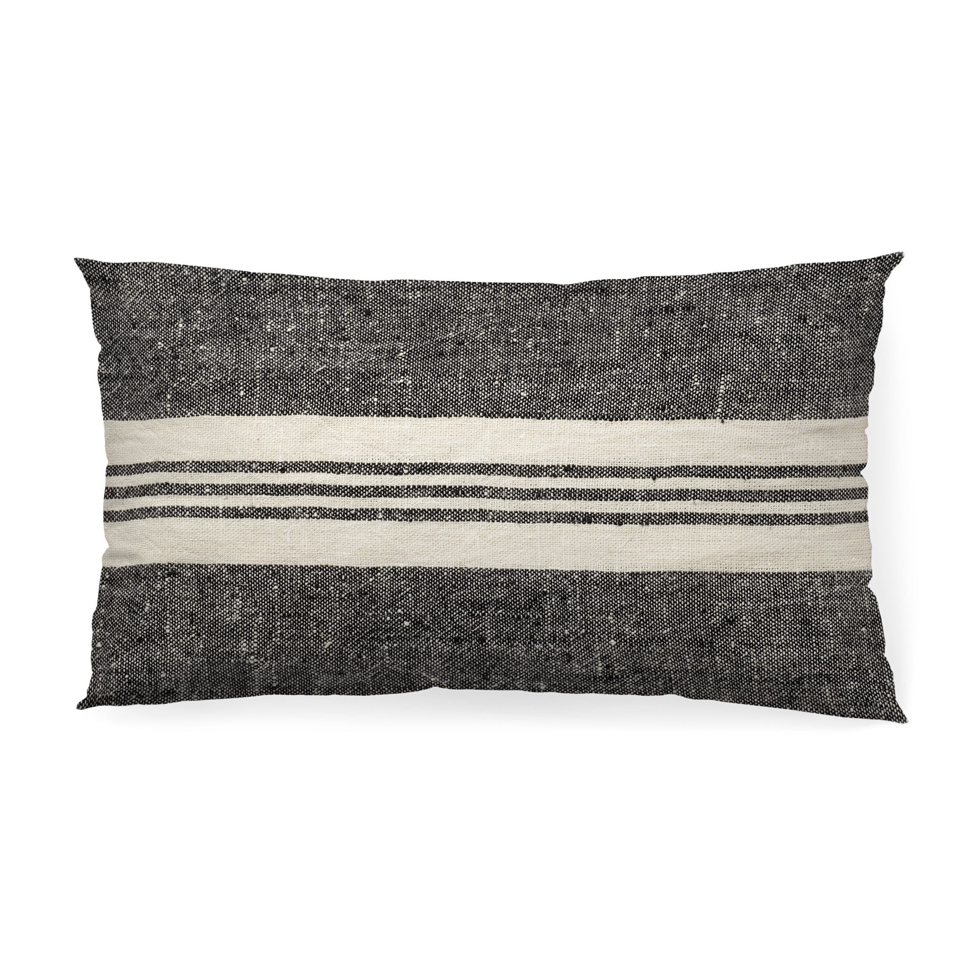 Black and white striped pillow on a white background