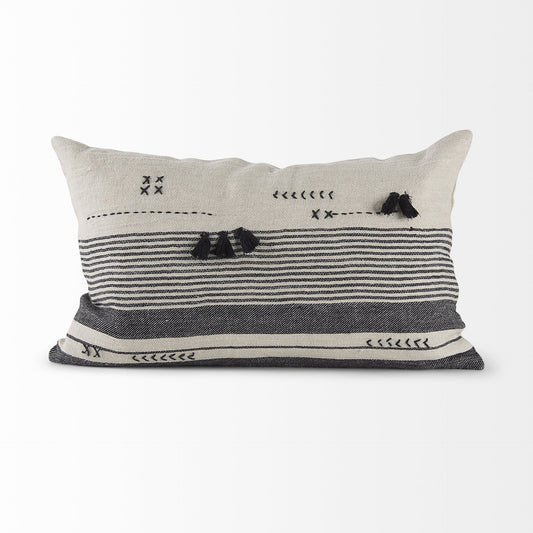 Decorative pillow with black and white patterns on a white background