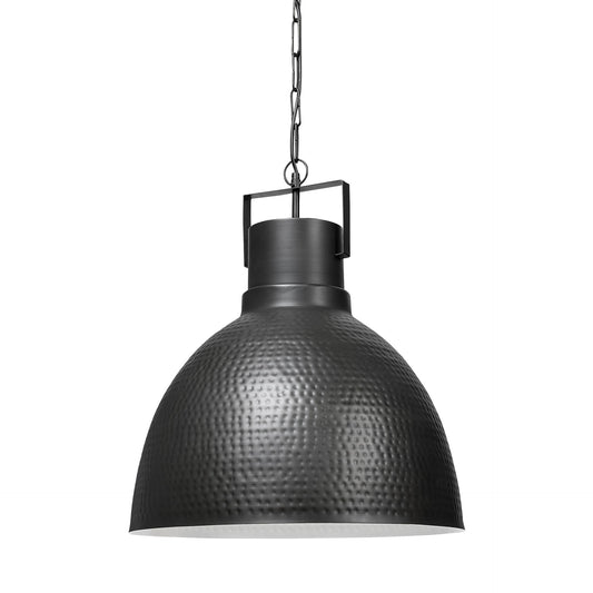 Black textured pendant light on a white background