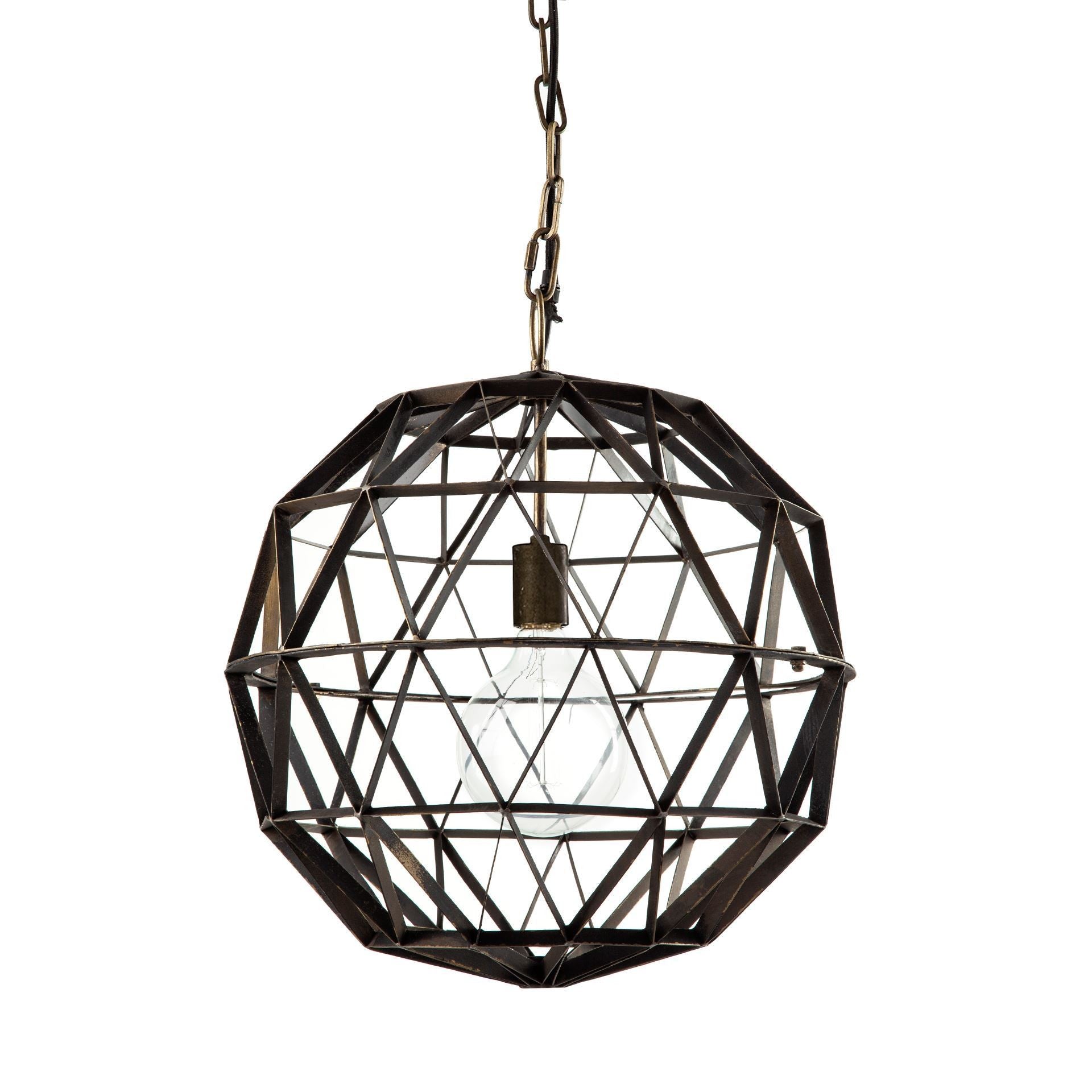 Geometric pendant light with metallic frame on a white background
