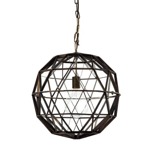 Geometric pendant light with metallic frame on a white background