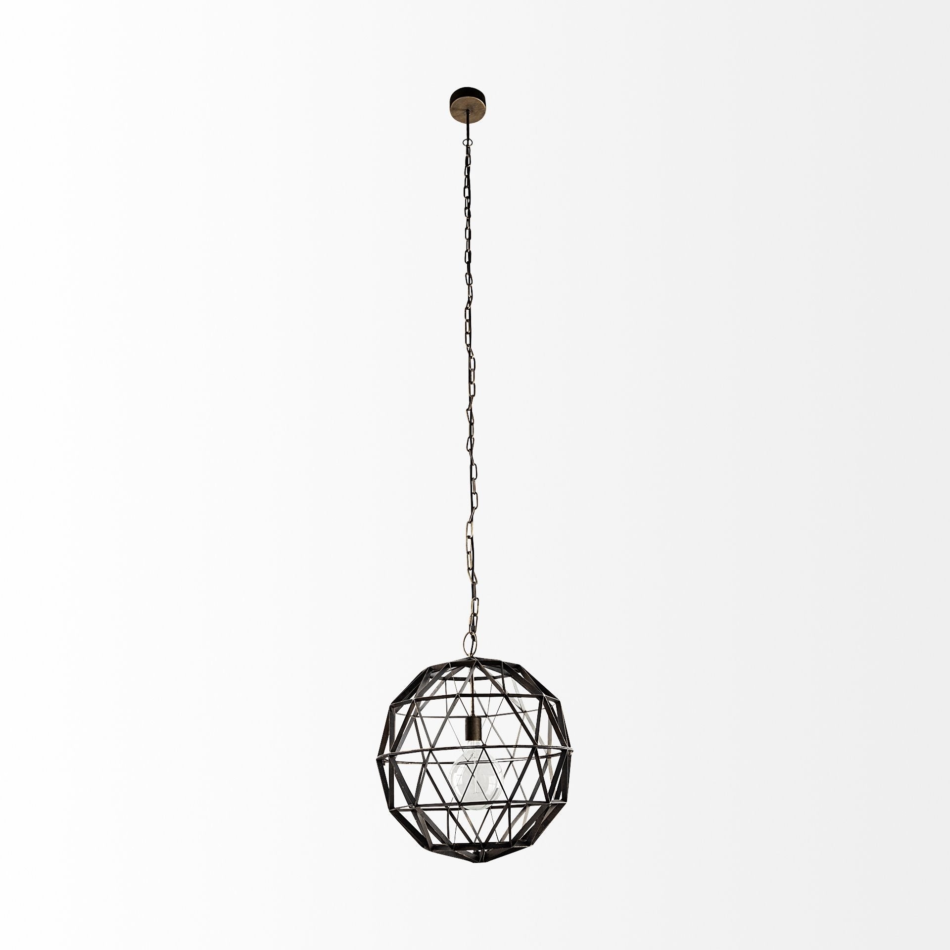 Geometric black pendant light on a white background