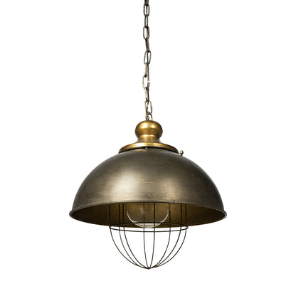 Bronze pendant light with wire cage on a white background