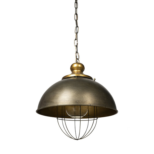 Bronze pendant light with wire cage on a white background