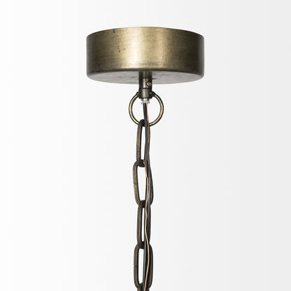 Metallic pendant light with chain on a white background
