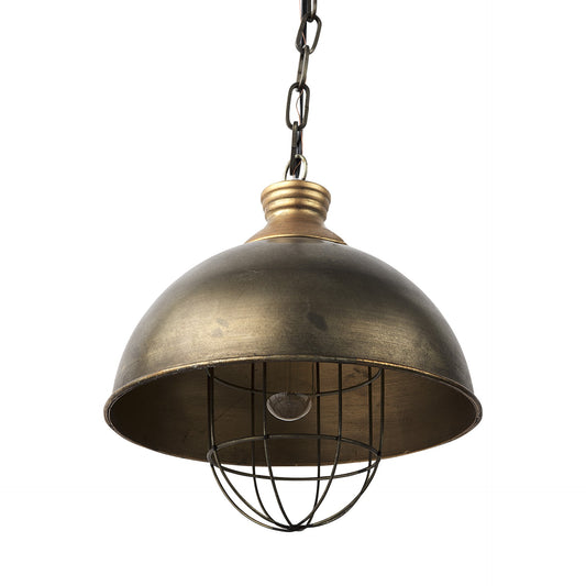 Bronze pendant light with wire cage on a white background