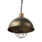Bronze pendant light with wire cage on a white background