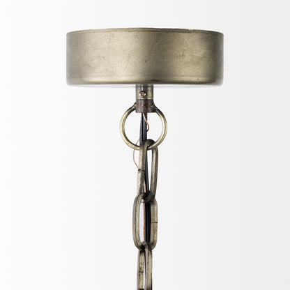 Decorative lamp with metallic shade and chain on a white background