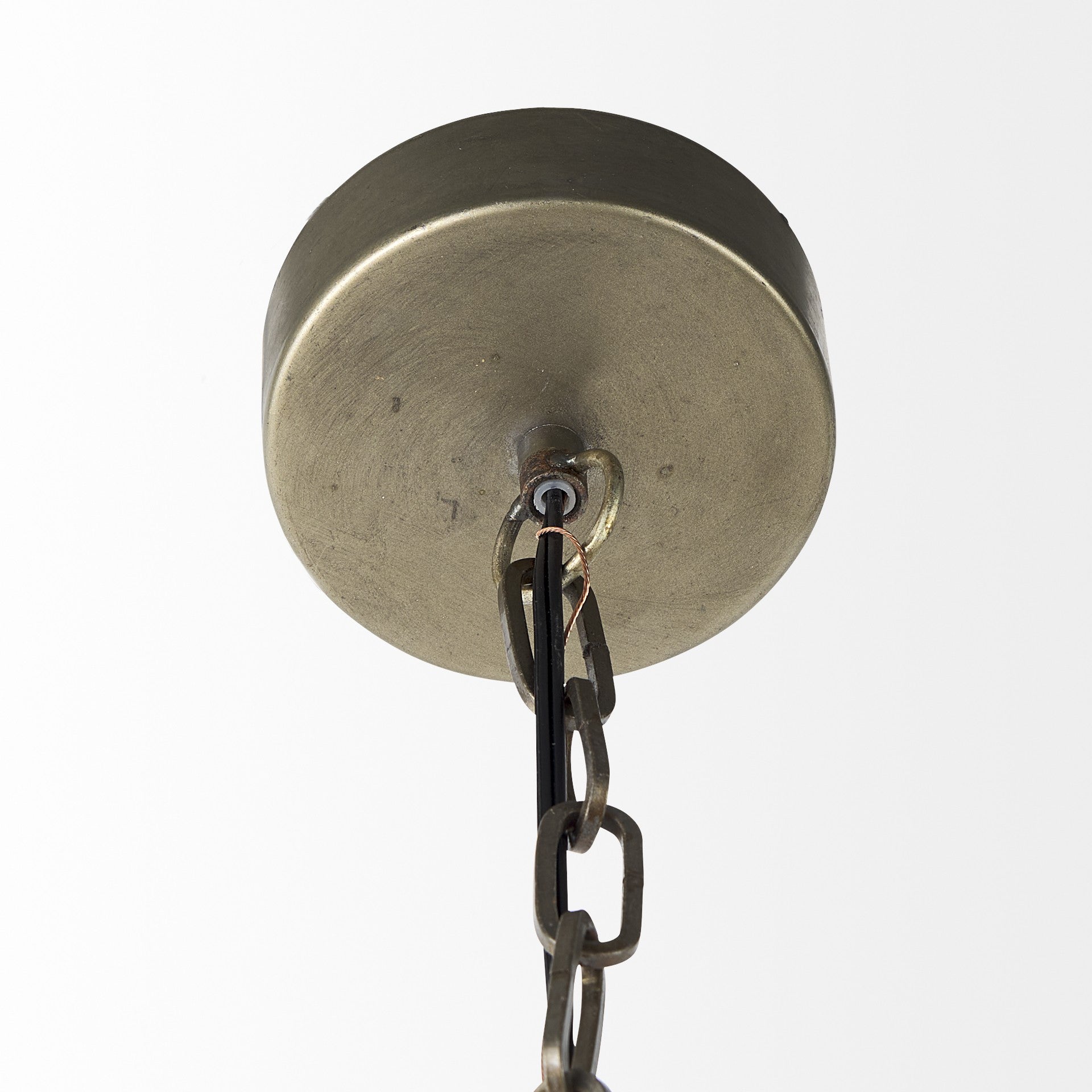 Metallic ceiling light fixture with chain on a white background