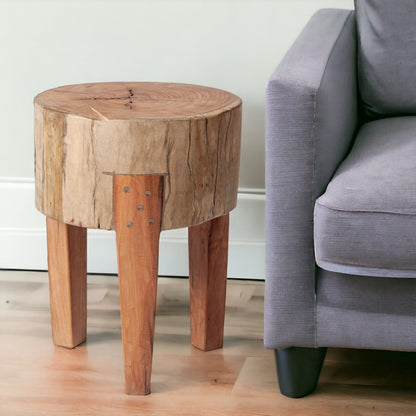 18" DARK BROWN AND BROWN DISTRESSED RECLAIMED WOOD ROUND END TABLE - Varnish & Vibe