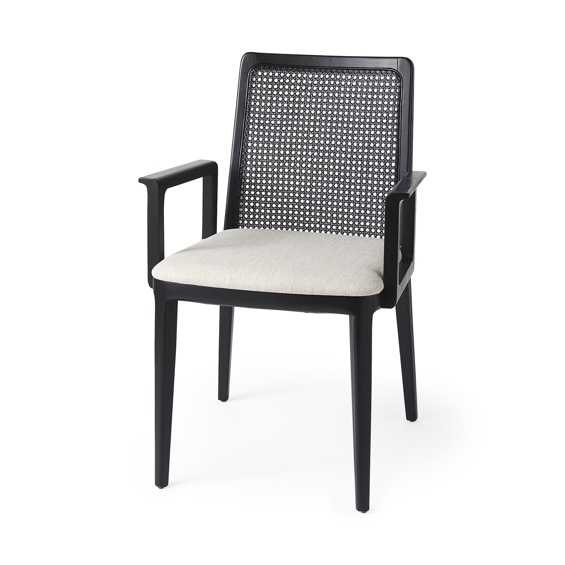 Black armchair with woven backrest and white cushion on a white background