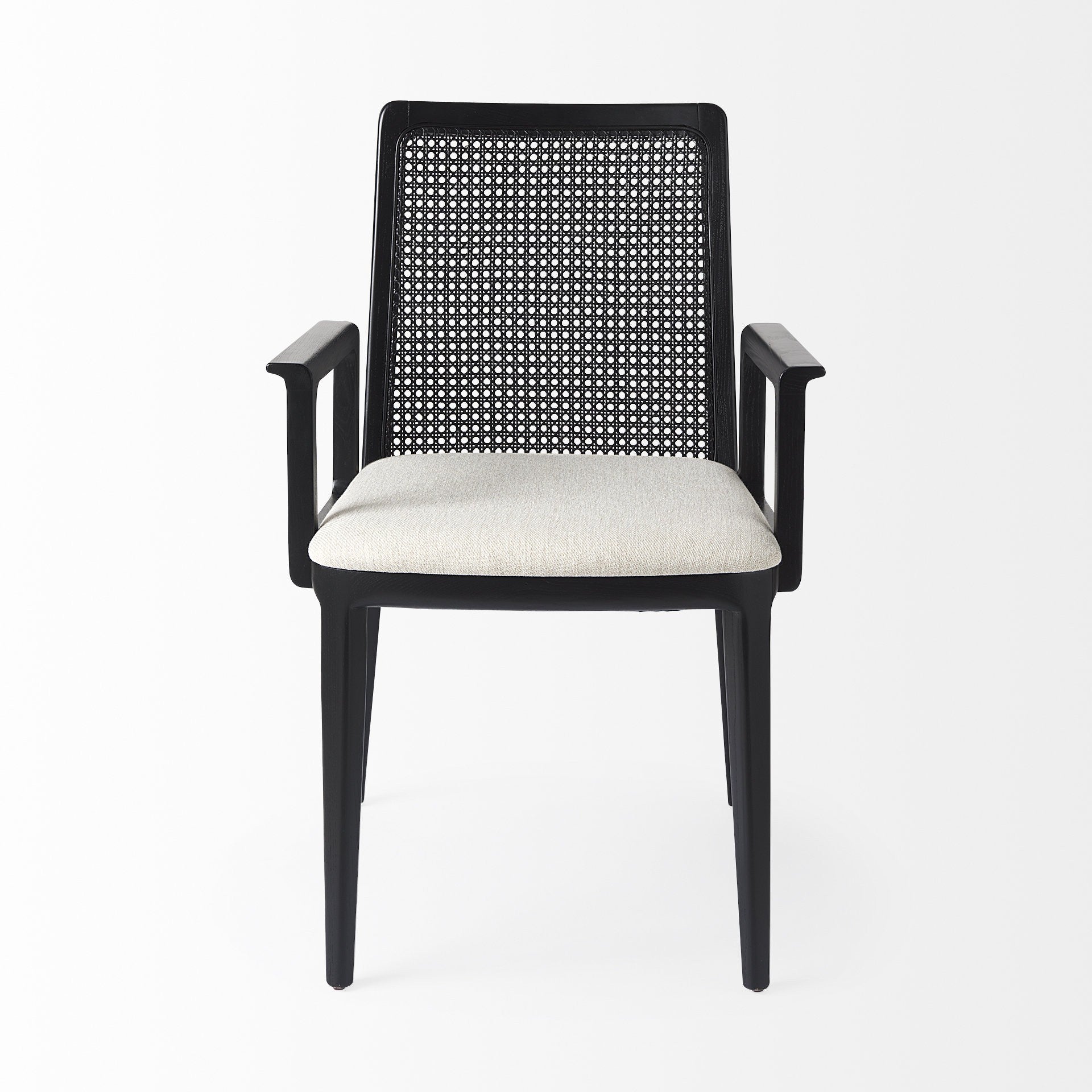 Chair with black woven backrest and white cushion on a white background