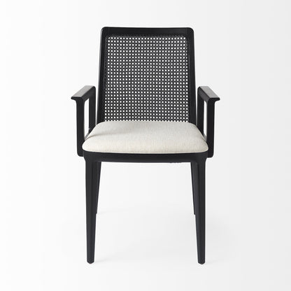 Chair with black woven backrest and white cushion on a white background