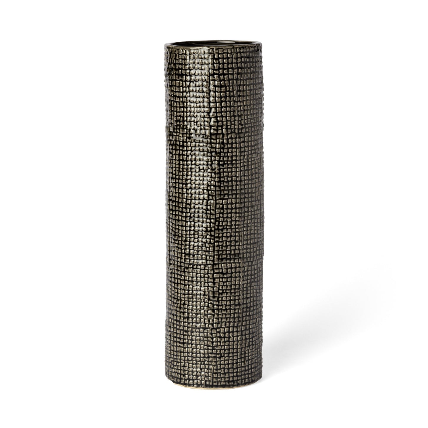 15" BLACK AND GOLD ABSTRACT CYLINDER CERAMIC TABLE VASE