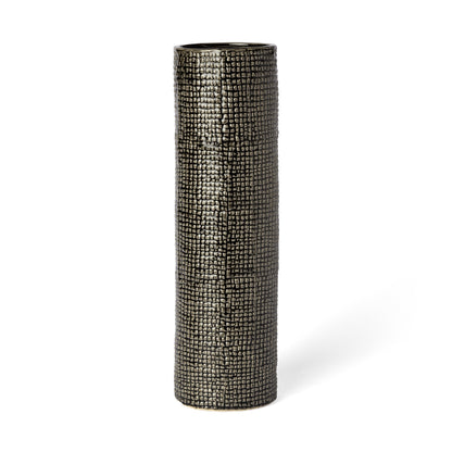 15" BLACK AND GOLD ABSTRACT CYLINDER CERAMIC TABLE VASE