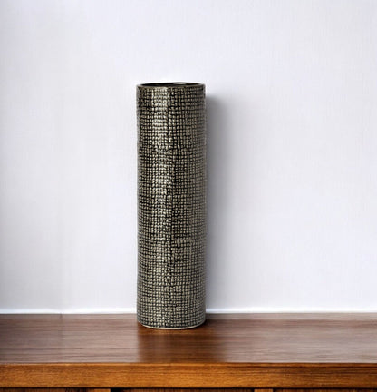 15" BLACK AND GOLD ABSTRACT CYLINDER CERAMIC TABLE VASE
