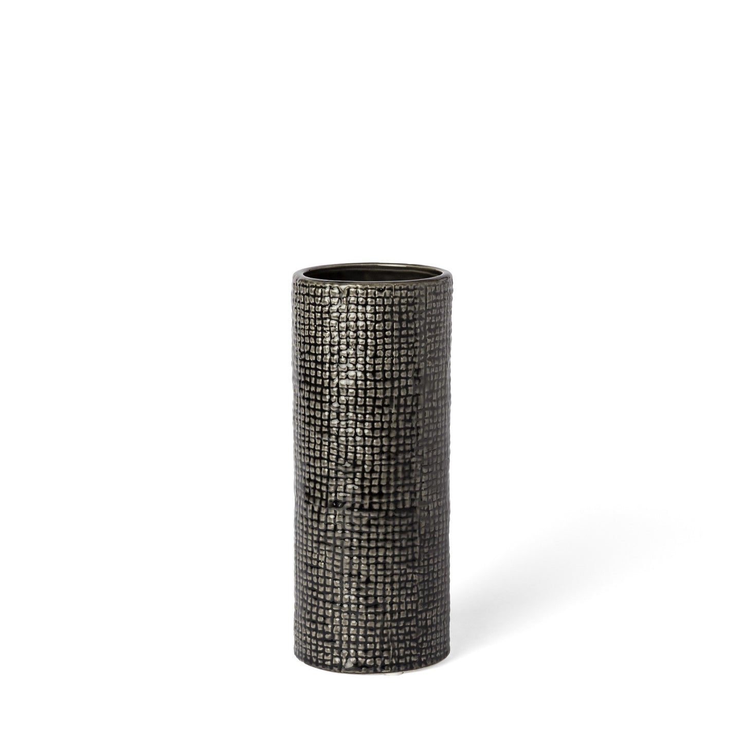 10" BLACK AND GOLD ABSTRACT CYLINDER CERAMIC TABLE VASE