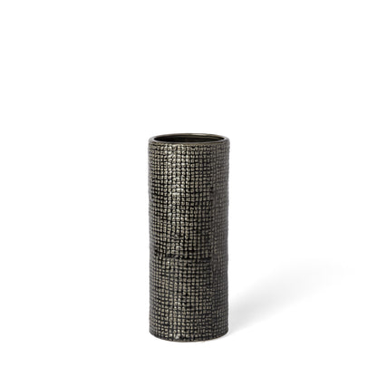 10" BLACK AND GOLD ABSTRACT CYLINDER CERAMIC TABLE VASE